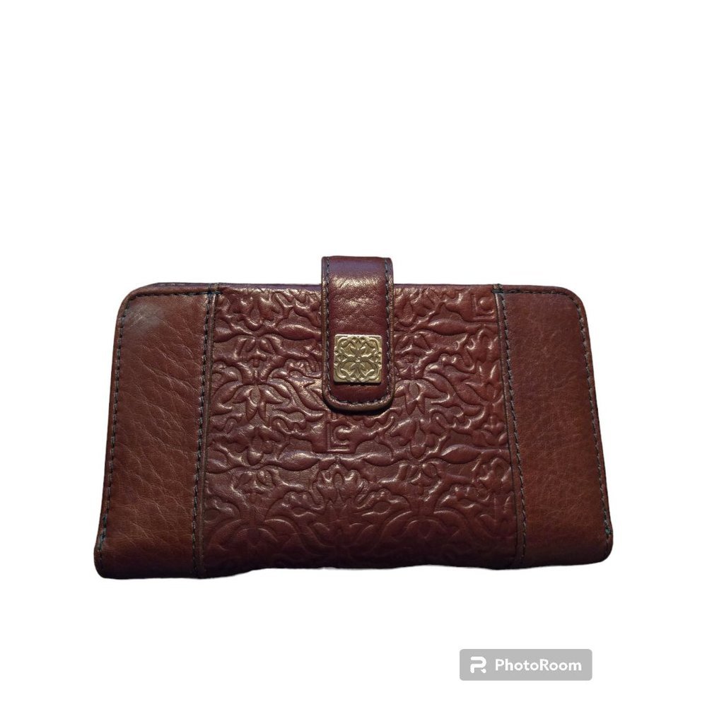 LC Liz Claiborne Leather Co Wallet Tooled Brown Soft Monogram Initial Gold Snap